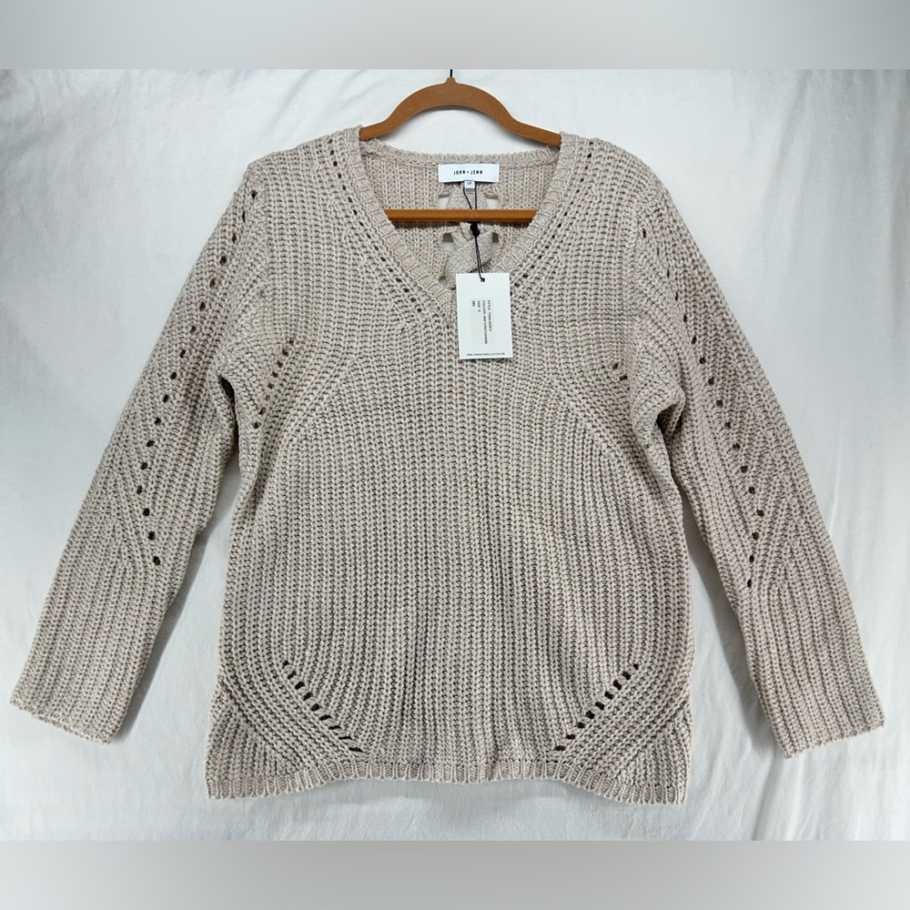 John and Jenn V Neck Braided Back Sweater Tan‎ Womens Size S Casual